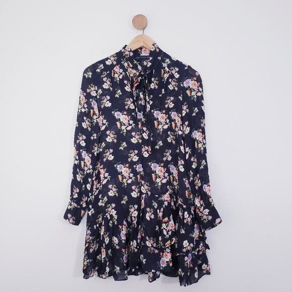 Zara Black Multicolor Floral Chiffon Sheer Long Sleeve Ruffle Tunic Dress - Picture 1 of 10